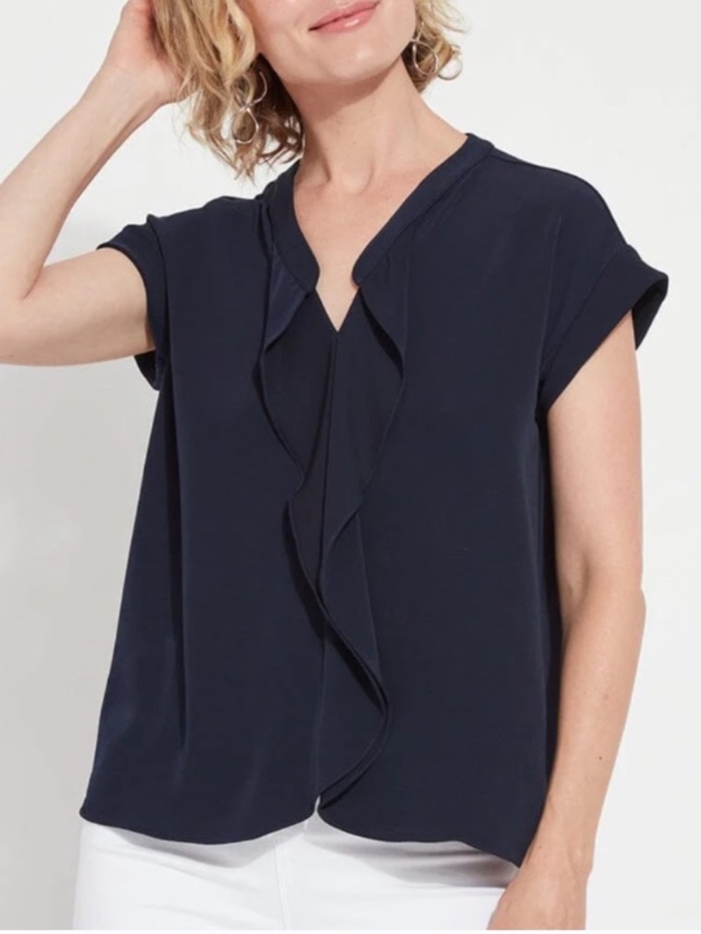 Lysse New York Aurelia Ruffle Top Navy XL Draped Flutter Sleeve Blouse